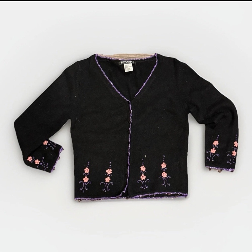 Betsey Johnson Black Beaded Floral Vintage Cardigan Sweater Y2K